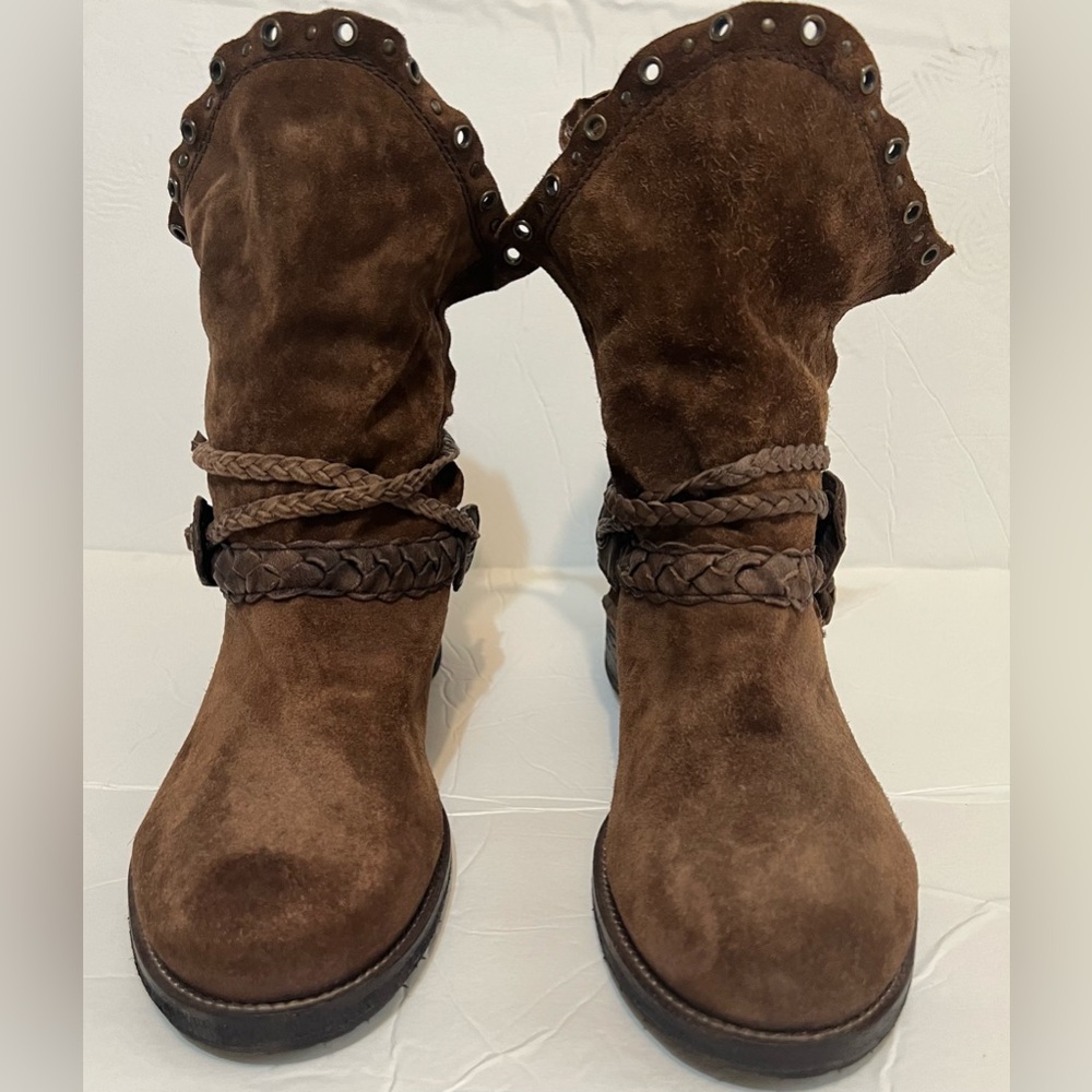 Trask Brown suede/washes sheepskin Naomi boots with leather braiding straps.